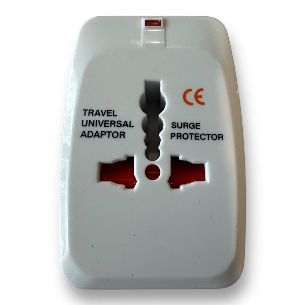 Anson PDR Elimadent white travel universal adaptor with surge protector and CE marking.