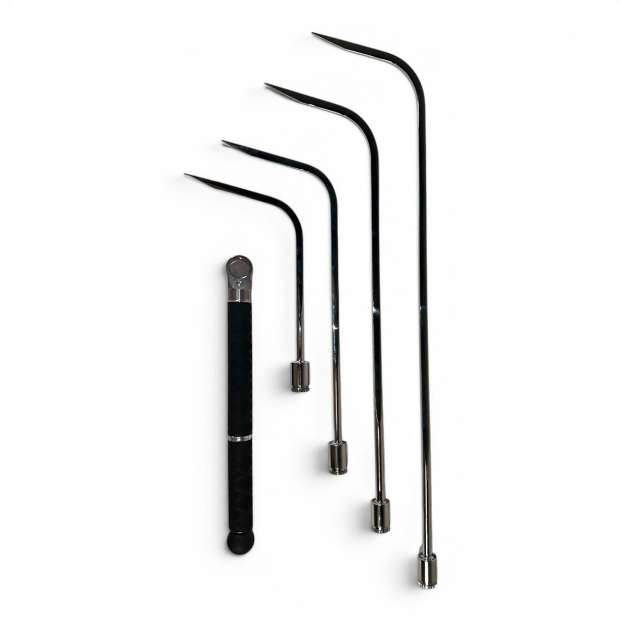 Anson PDR Tequila Tools Door Lord Sharp Hub Set with Tactical Guerrilla Grip, featuring four metal rods of varying lengths with sharp tips and a textured black handle.