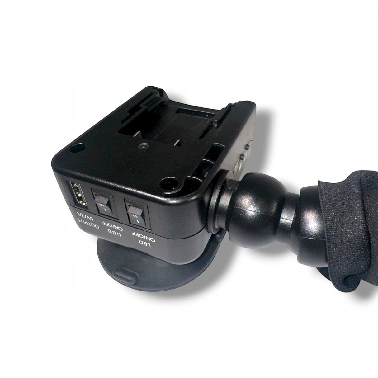 Anson PDR Elimadent X-Factor Mini PDR light with USB output and LED on/off switches. Black plastic housing with a flexible neck attachment.