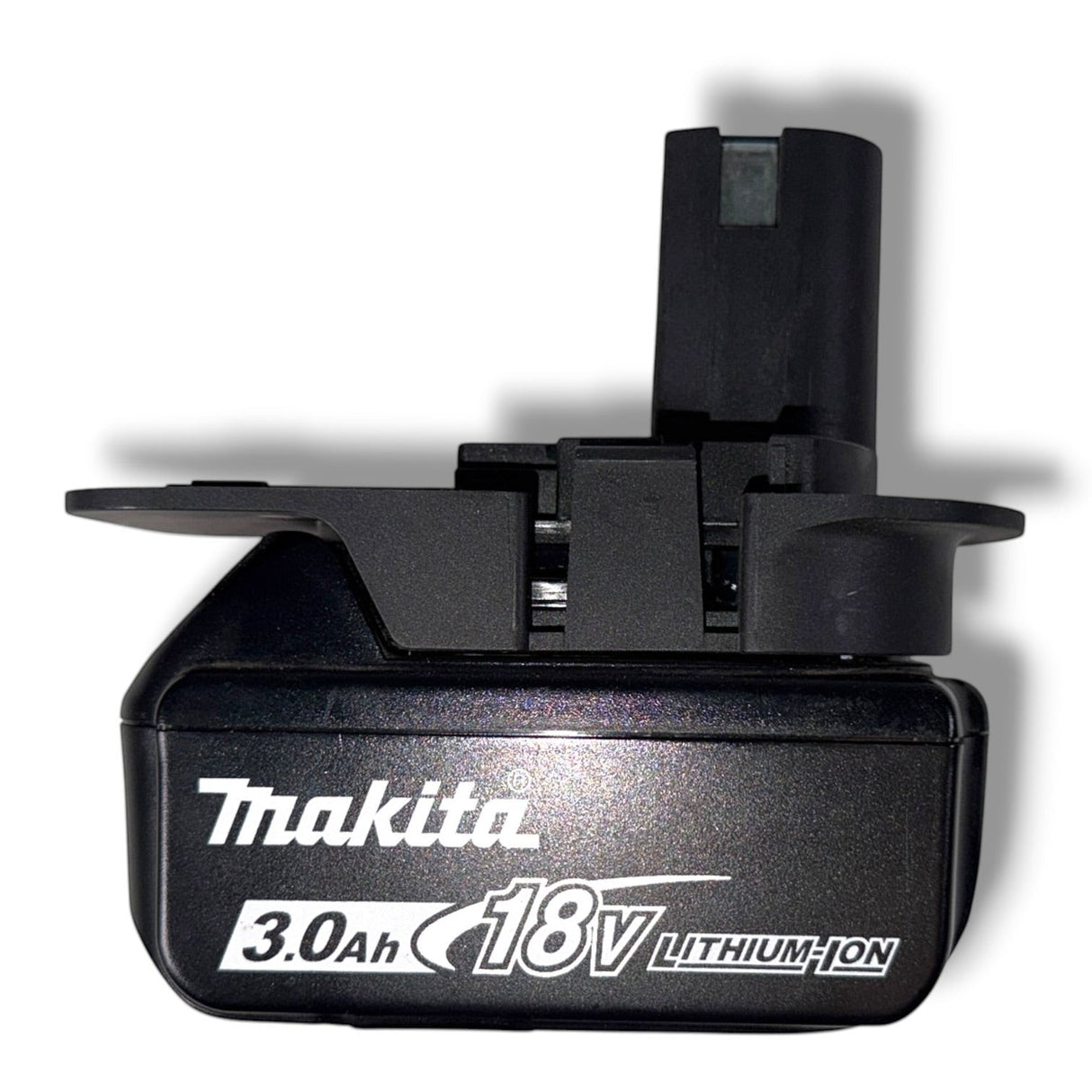 Anson PDR Trifecta adapter for Ryobi batteries to Makita, DeWalt, or Milwaukee tools. Black plastic construction.