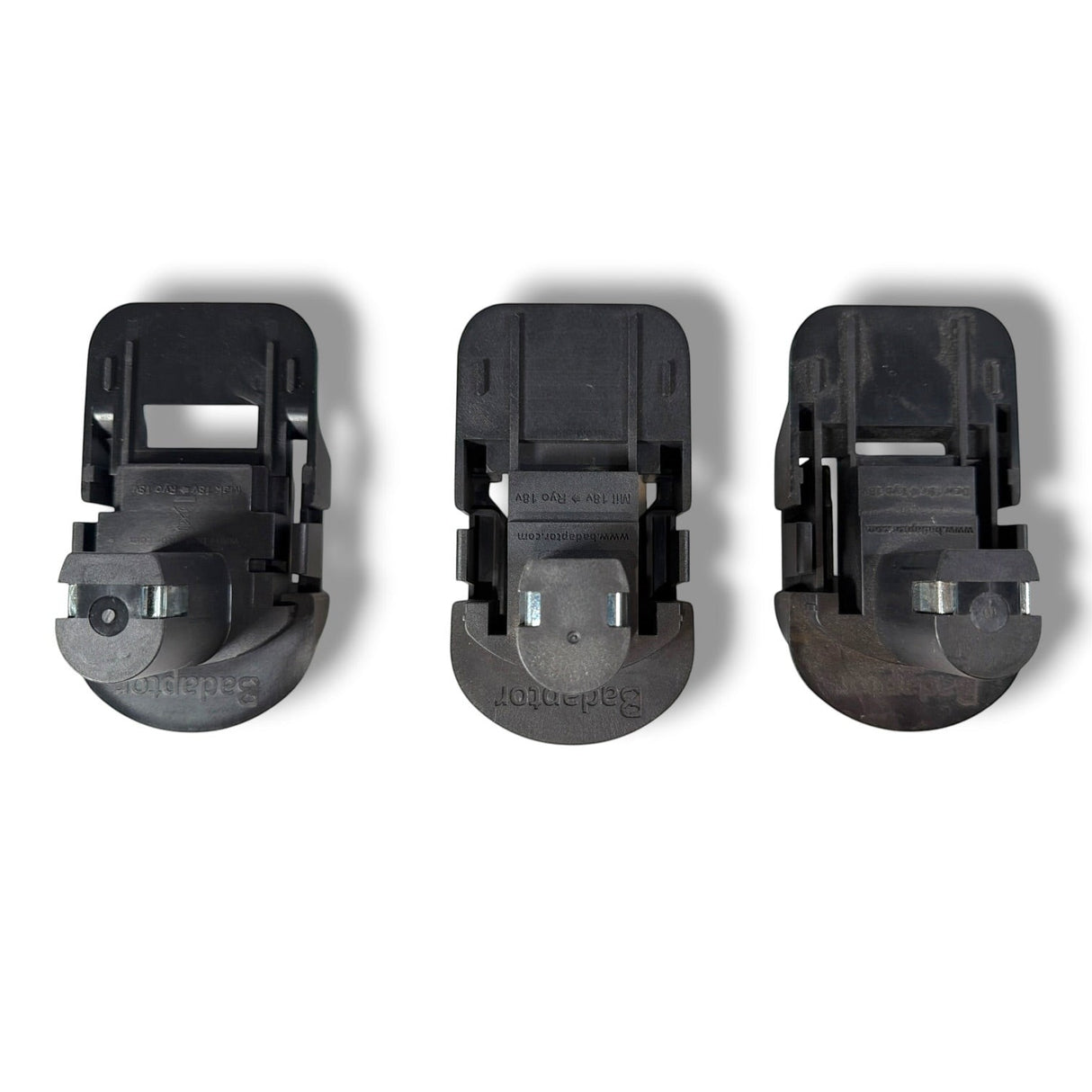Anson PDR Trifecta adapter set for Ryobi batteries to use with Makita, DeWalt, or Milwaukee tools. Black plastic construction.