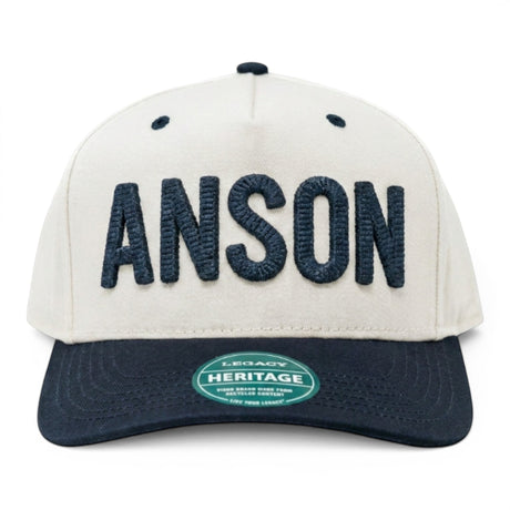 Anson PDR America 250th edition snapback hat in white with navy blue brim and puffy textured navy blue ANSON lettering.