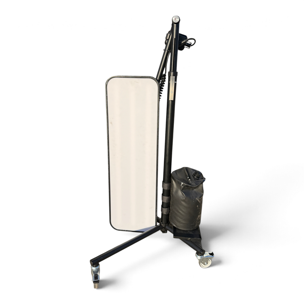 Anson PDR X Light Stand with Elimadent X-Factor LED light, black frame, rolling casters, and water bag counterweight.