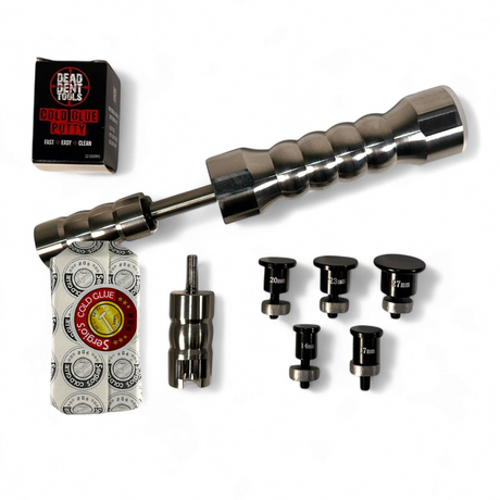 Anson PDR mini combo slide hammer kit with cold glue putty, hot glue adaptor, and five assorted size dent tabs.