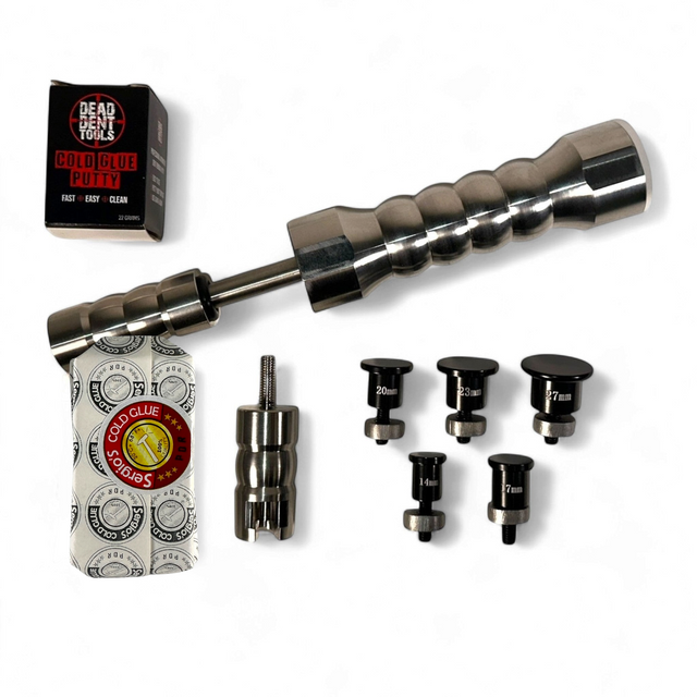 Anson PDR mini combo slide hammer kit with cold glue putty, hot glue adaptor, and five assorted size dent tabs.