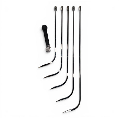Anson PDR Door Lord Compact Hub 3/8 inch diameter metal dent repair tools with sharp tips and a detachable handle.