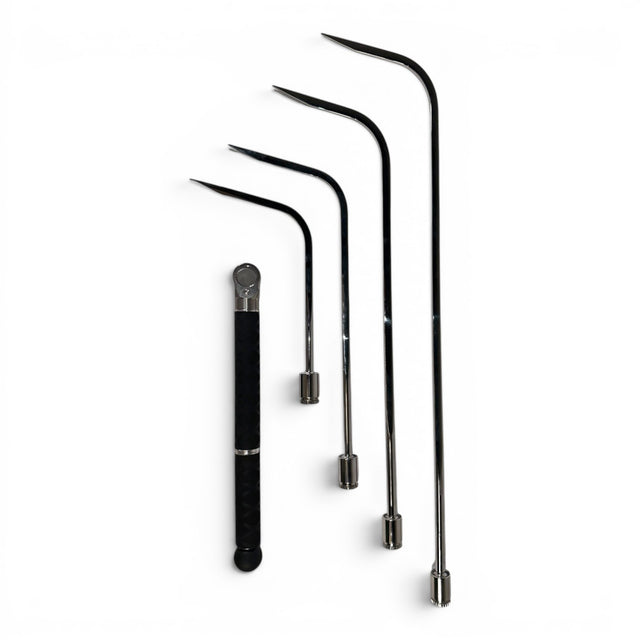 Anson PDR Tequila Tools Door Lord Sharp Hub Set with Tactical Guerrilla Grip, featuring four metal rods of varying lengths with sharp tips and a textured black handle.