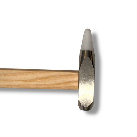 Anson PDR extended blending hammer with a stainless steel head and replaceable white plastic tip on an oak handle.
