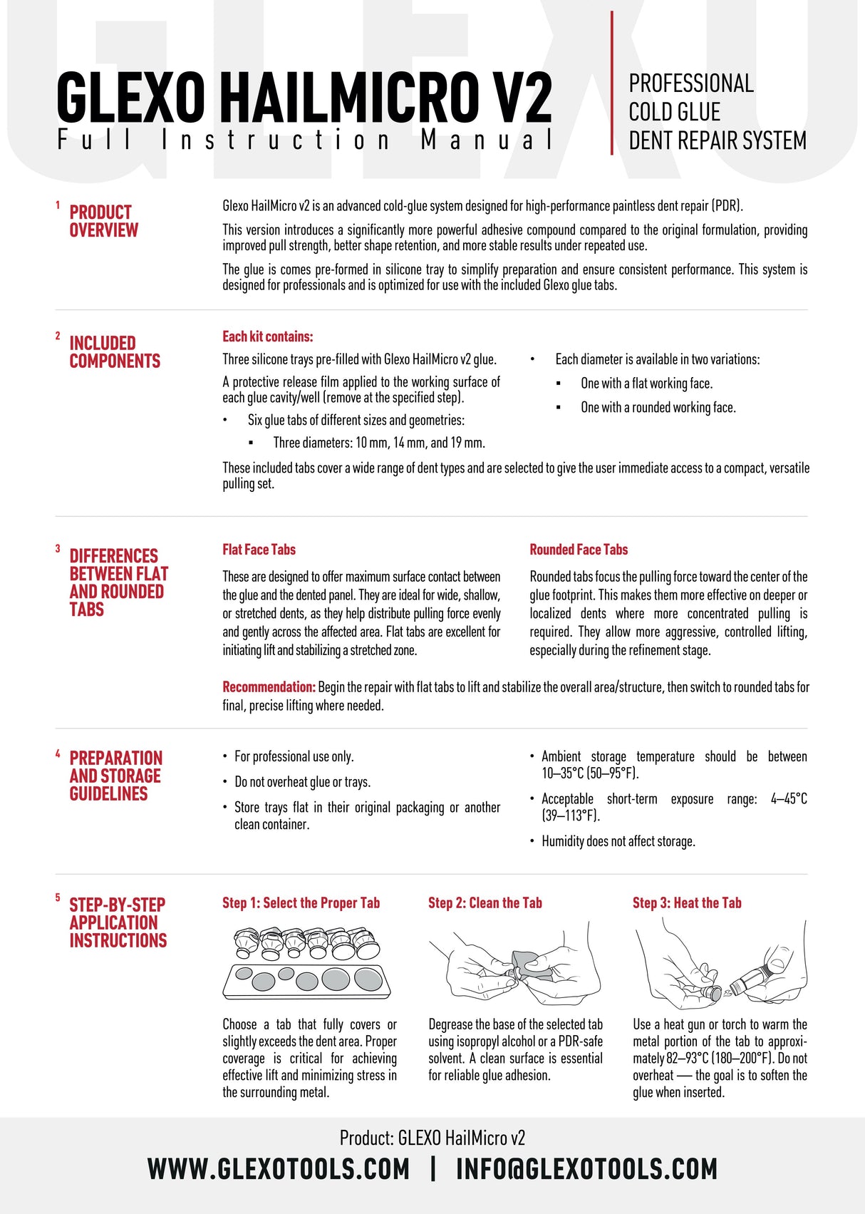Anson PDR Glexo Hail Micro Kit v2 instruction manual detailing cold glue PDR tab usage and application guidelines.