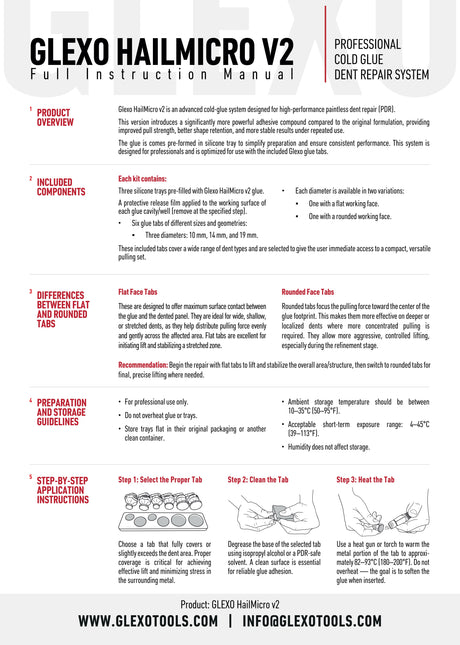 Anson PDR Glexo HailMicro V2 instruction manual for professional paintless dent repair cold glue system