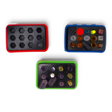 Anson PDR Dead Dent Tools Glory Hole tab holders in red, blue, and green with various hot glue tabs inserted.