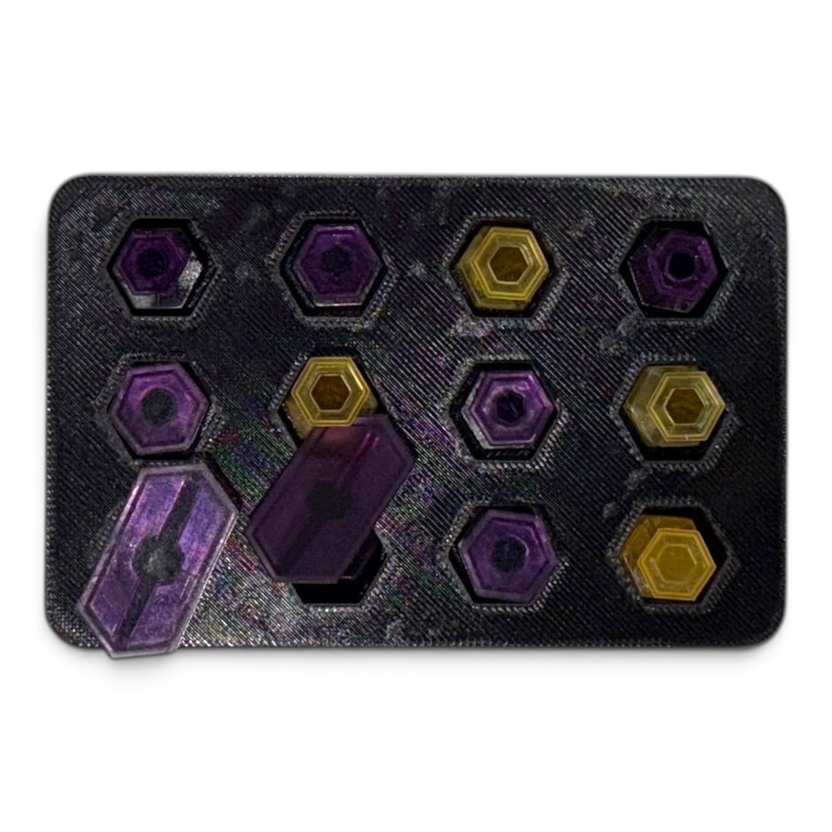 Anson PDR Dead Dent Tools Glory Hole 3D printed black tab holder with purple and yellow hot glue tabs