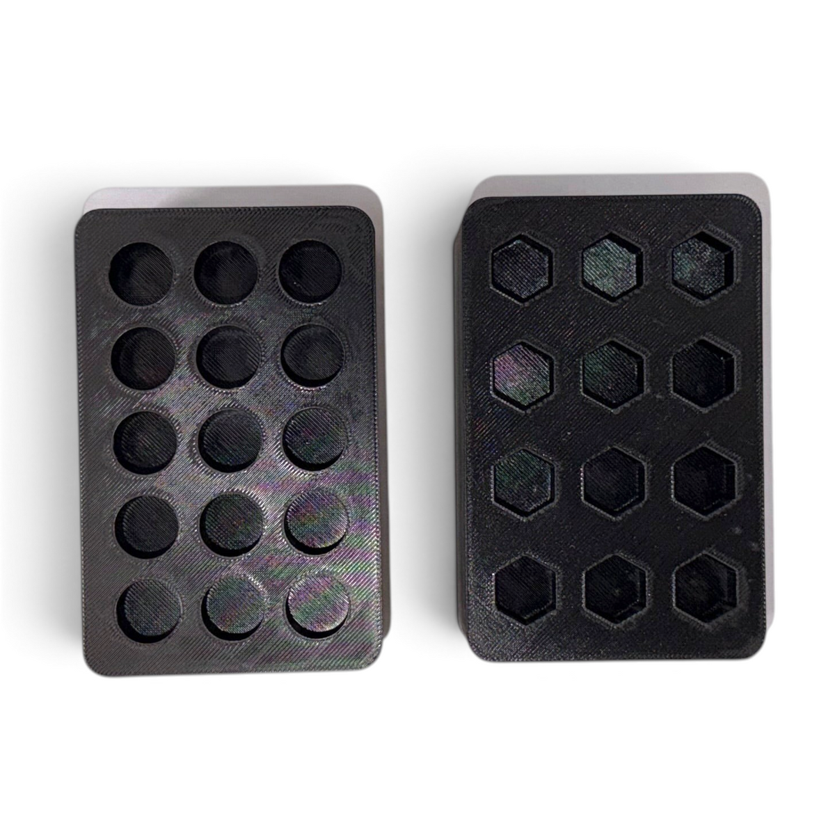 Anson PDR Dead Dent Tools Glory Hole tab holders in black 3D printed material with round and hexagonal slots