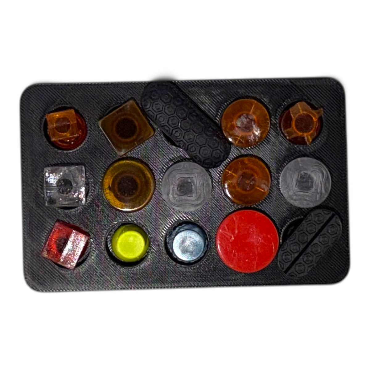 Anson PDR Dead Dent Tools Glory Hole black 3D printed tab holder tray filled with various colorful glue tabs