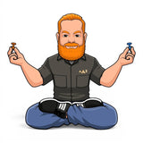 Anson PDR cartoon man with orange beard meditating, holding a glue tab in each hand.