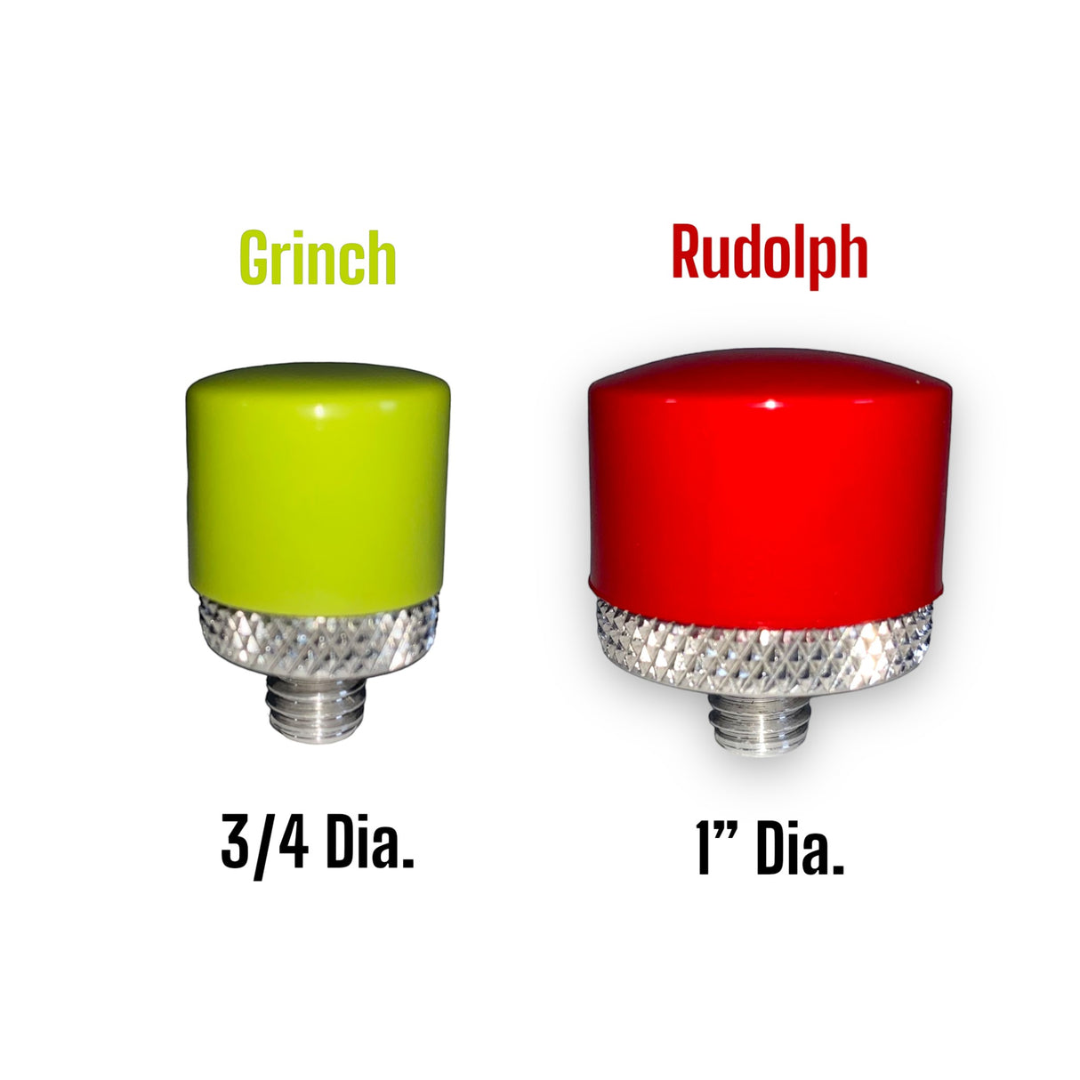 Anson PDR Grinch (3/4") and Rudolph (1") PDR tool tips, one lime green, one red, with aluminum bases.