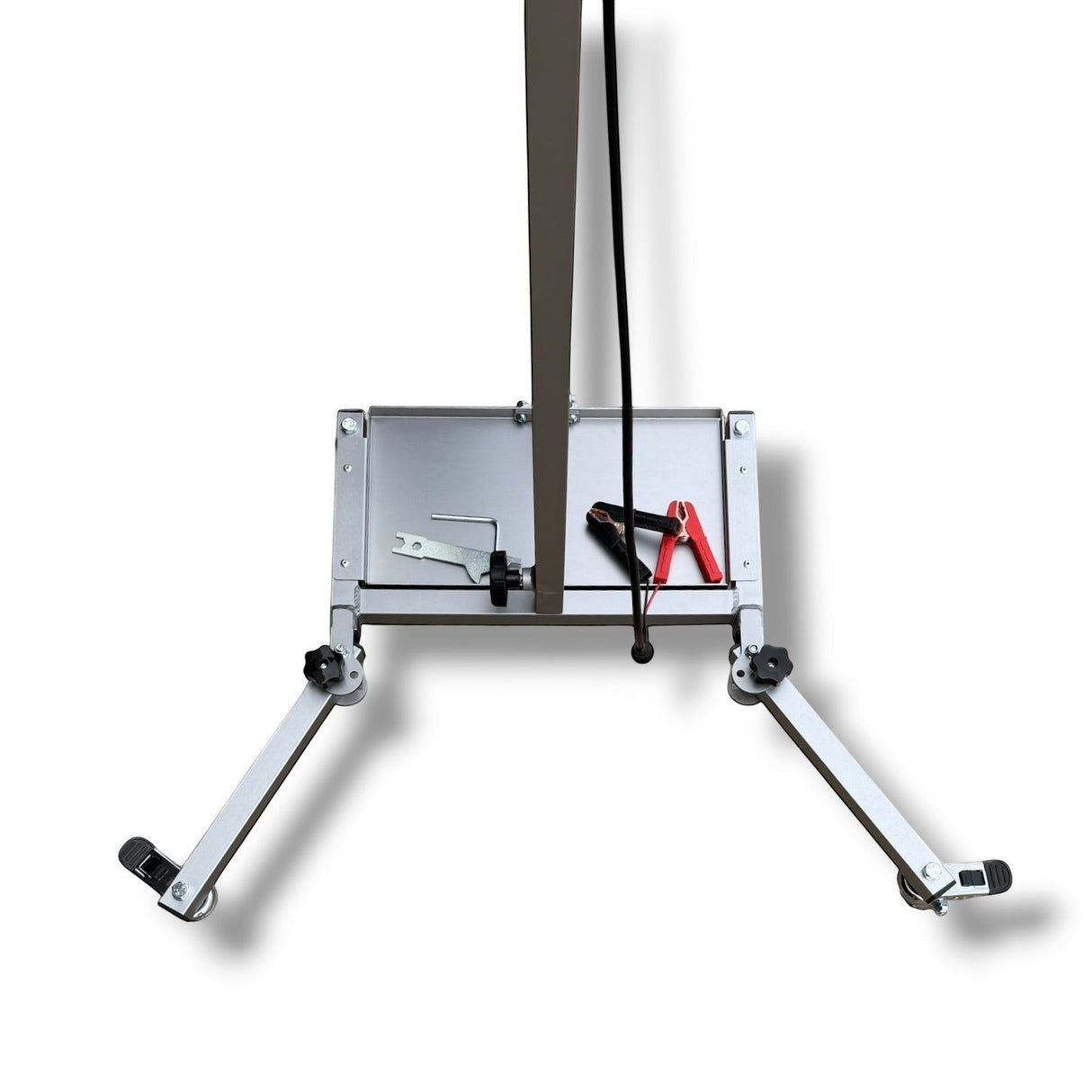 Anson PDR Econo PDR Light Stand with adjustable aluminum legs and battery tray, featuring a black cable and red clamps.