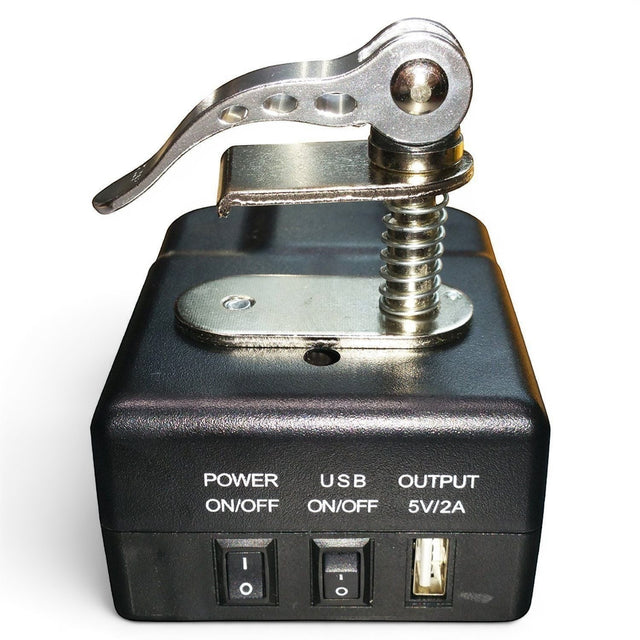 Elimadent PDR black battery receiver with quick clamp for Makita 18V batteries, USB output, and dimmer.