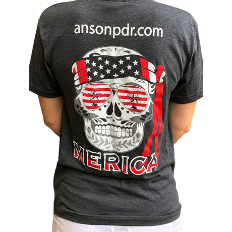 Anson PDR charcoal grey triblend crew neck t-shirt featuring a back graphic of a skull with American flag bandana