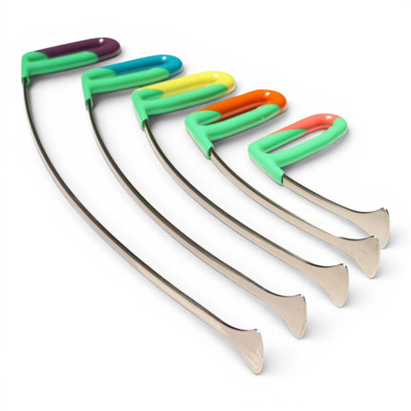 Anson PDR Tools Rattlesnake Tail Set with 1 1/4" tip size. Set of 5 metal rods with colorful ergonomic handles in purple, blue, yellow, orange, and pink.