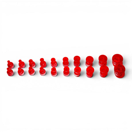 Anson PDR Dead on Dead Center red plastic glue tabs in various sizes for precise paintless dent repair finishing