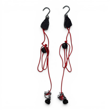 Anson PDR clamp-style rope ratchets with red cords and black pulleys, designed for dent repair hood stands.