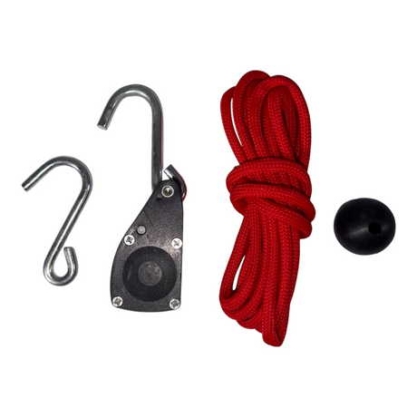 Anson PDR 1/4 inch rope ratchet with red paracord, black pulley mechanism, metal hooks, and a black stopper ball.