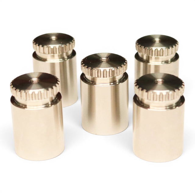 Anson PDR 5 pack stainless steel indexing hubs with threaded tops and knurled edges. For tool conversion.