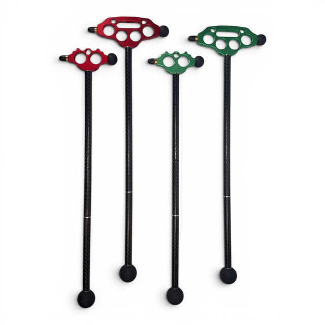 Anson PDR Tactical Blending Hammers in red and green with carbon fiber shafts and modular aluminum heads.