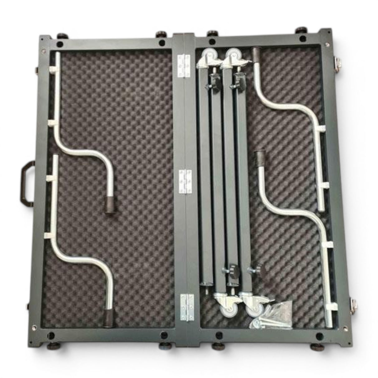 Anson PDR TK Tools hood stand folded in its protective case with internal foam padding and metal components.