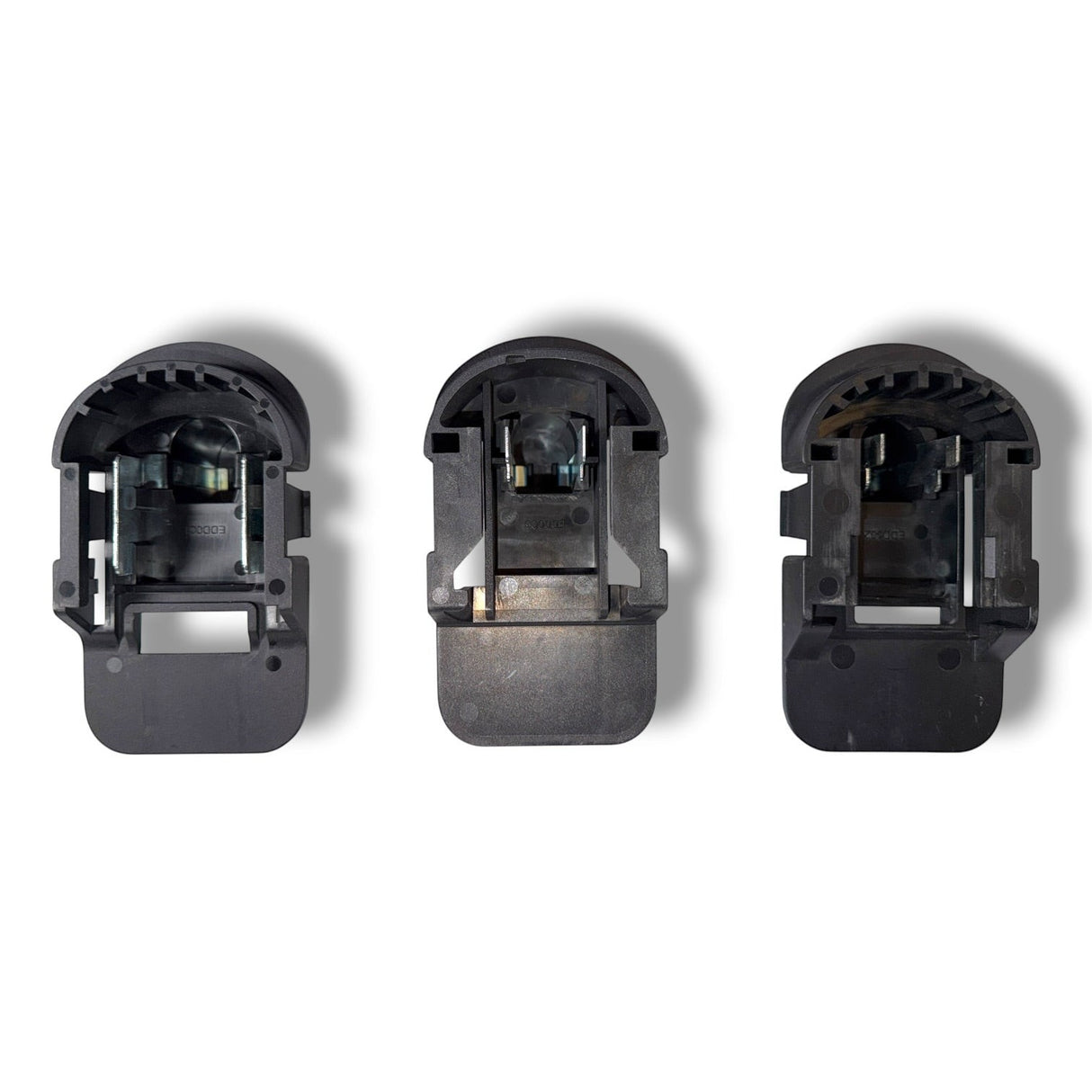 Anson PDR Trifecta adapter set for Ryobi batteries to Makita, DeWalt, or Milwaukee tools. Black plastic construction.
