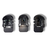 Anson PDR Trifecta adapter set for Ryobi batteries to Makita, DeWalt, or Milwaukee tools. Black plastic construction.