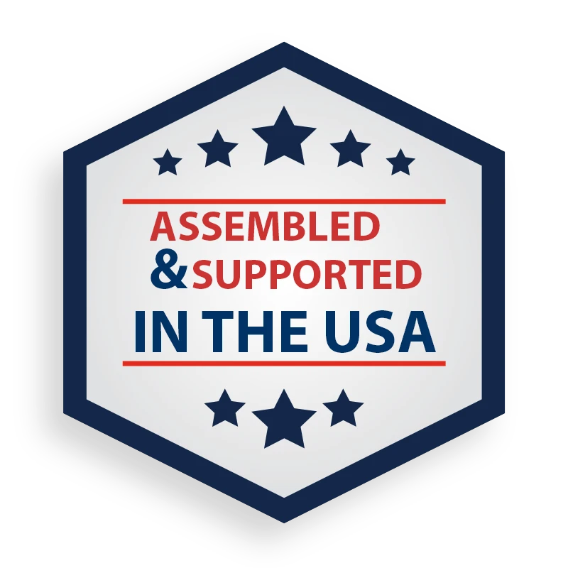 Anson PDR hexagon badge featuring a star design and the text Assembled and Supported in the USA in red and blue