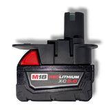 Anson PDR Trifecta adapter for Ryobi batteries to Makita, Dewalt, or Milwaukee tools. Black plastic with red release button.