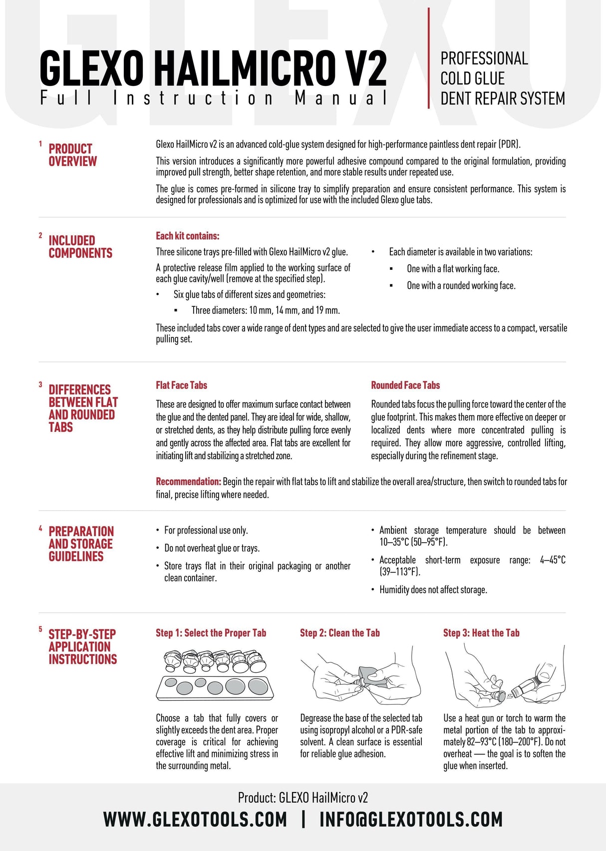 Anson PDR Glexo HailMicro V2 cold glue system instruction manual, detailing product overview, components, tab differences, preparation, and application steps.